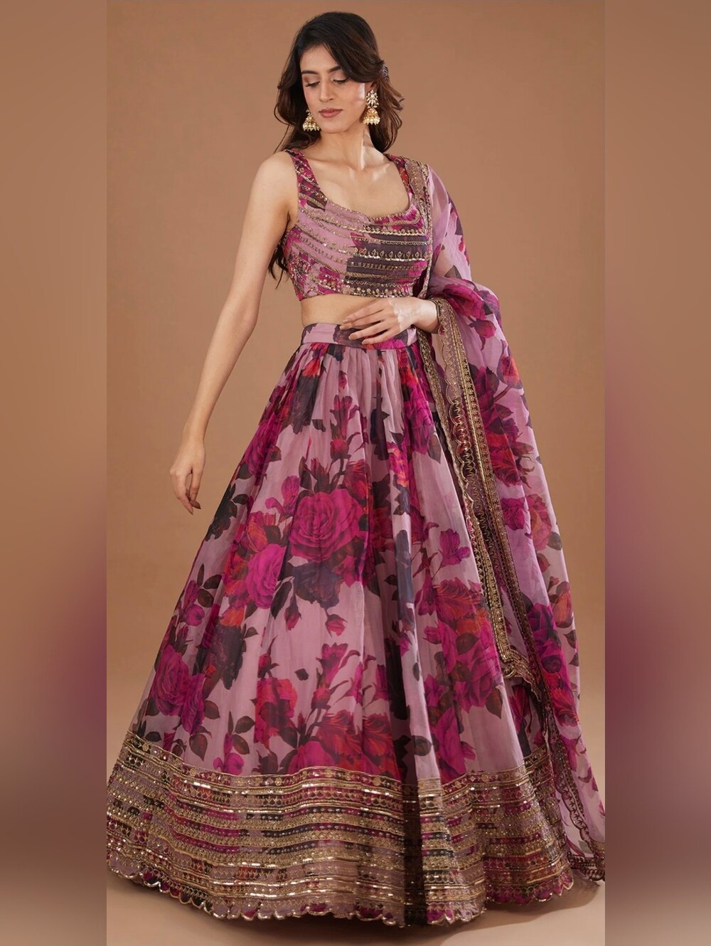 Pink Floral Organza Lehenga Choli Set Embroidered - Size 6